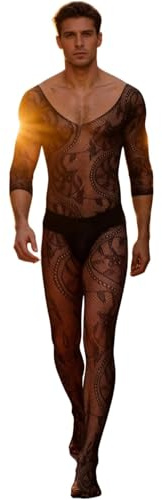 ohmydear Men's Sexy Onesies Sissy Lingerie Underwear Fishnet Long Sleeve Bodysuit Mesh Leotard Sheer Tights High Stretch Body Suits One-Piece Singlet, XS-M