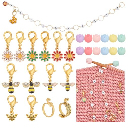 NBEADS 12 Pcs Bee Stitch Markers, 12 Pcs Knitting Needle Stoppers, 2 Pcs Yarn Guide Finger Holders with Number 0-9 Knitting Row Counter Chain for Knitting Crochet Tracking Project Progress