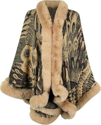 Suncadmious Cappotto in Pelliccia Sintetica da Donna Scialli avvolgenti Inverno Vintage Aperto Davanti Cardigan Poncho Mantello Mantello (Kaki,Taglia Unica)