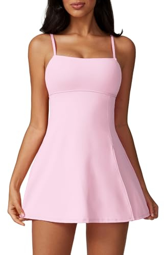 ABOCIW Athletic Dress for Women Spaghetti Strap Backless Side Slit Tennis Dress Square Neck Exercise Workout Golf Active Dress Pink Medium