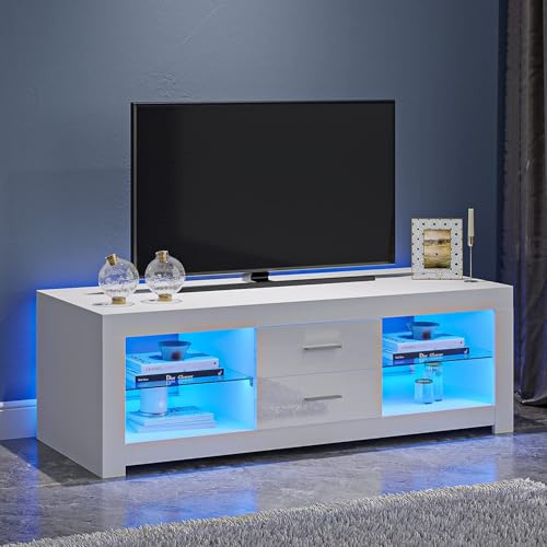 Panana Modern TV Unit Stand Cabinet 120cm 2 Drawers 2 Glass Shelves Media Storage Sideboard with RGB LED Lights up to 55 TVs Screen, (White)