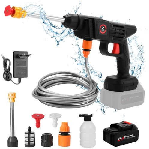 Nettoyeur Haute Pression sans Fil Portable 21V, Nettoyeur Haute Pression sur Batterie 50Bar, Pistolet Haute Pression sans Fil avec 1 Batterie et Tuyau de 5M, pour Le Nettoyage et Arrosage (20000mah)