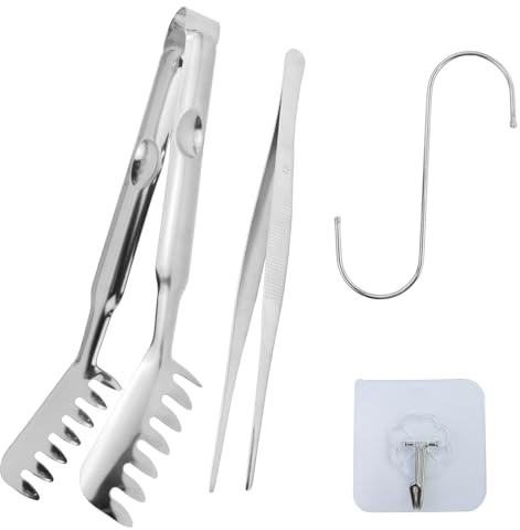 Pinze per spaghetti, pinze per spaghetti da servizio, pinza per spaghetti in acciaio inox, argento, con 1 gancio a S, 1 gancio autoadesivo, 1 pinzetta, per bistecca, pane, frutta, pasta