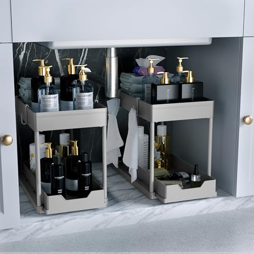 DEKAVA Organizador para debajo del fregadero, organizador de gabinete de baño, 2 niveles, organizador de cesta deslizante de armario, canastas multiusos para baño (gris)