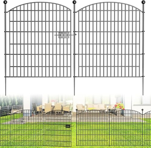 HEYOUTH Vallas de Jardín Exterior de 10 Paneles,Vallas Decorativas de Jardín de Acero,Arco superior Valla para Estanque,770x80 cm Cerca de Privacidad de Metal,para Patio Terraza Negro (Con cerradura)
