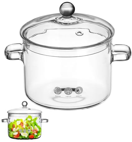 TIDTALEO Pentola Pasta in Borosilicato Trasparente Da 1,9 Litri Doppio Manico e Coperchio, Pentola Per Zuppe e Stufati, Adatta a Cucina Casalinga e Ristoranti