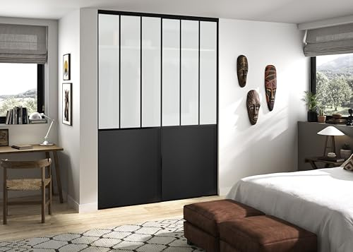 OPTIMUM Pack 2 Vantaux Porte Placard Atelier Verre dépoli – Style Industriel – Portes Coulissantes Intérieures Modernes – Plusieurs Dimensions (Noir, 150x250 cm)