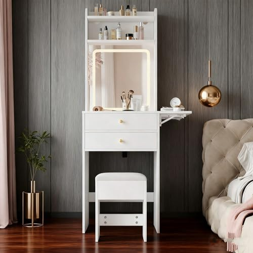 Litet sminkbord med justerbar LED-belysning och vikbar platta BeautyCompact – inkl. pall, 2 lådor och förvaringsutrymme i vitt (75 x 156 x 45 cm)