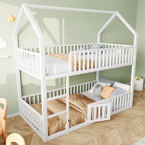 VIVCA Letto a castello per bambini, 90 x 200 cm, letto matrimoniale in metallo, per famiglia, letto a castello con scale, design loft, letto inferiore con piccola porta apribile e chiusa, colore