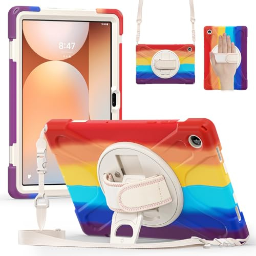 FONREST Étui à bandoulière robuste pour Samsung-Galaxy-Tab-A11+Plus 11 2025 SM-X230/X235/X236 avec béquille rotative à 360° et poignée hybride résistante aux chocs avec bandoulière (arc-en-ciel)