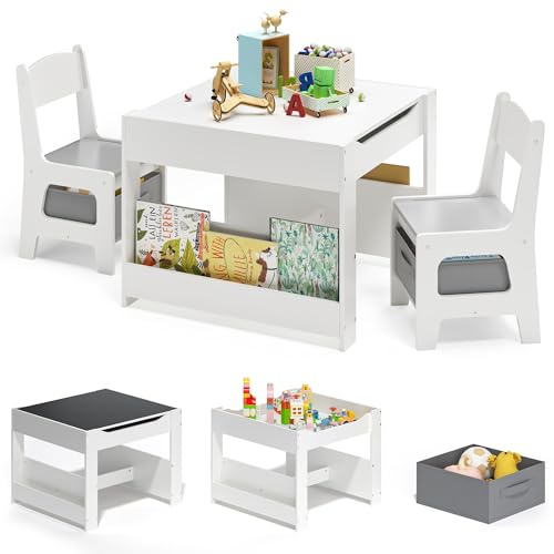 Xbro 4 en 1 Table Enfant avec 2 Chaises, Table de Dessin avec Plateau Réversible et Tableau Noir, Petit Bureau Enfant avec 2 Boîtes de Rangement Amovible, Étagères à Livres, Blanc