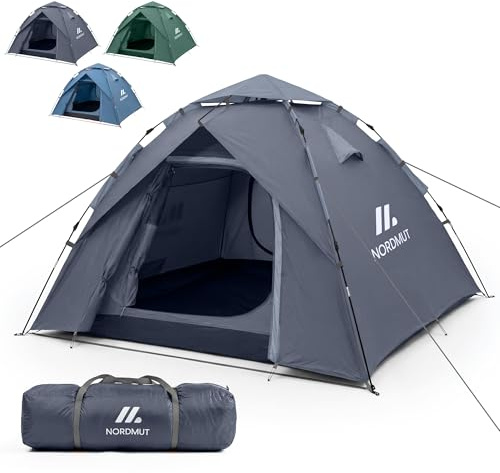 NORDMUT® Tenda Pop-Up 2-4 Persone – Montaggio Istantaneo, Impermeabile & Protezione UV – Tenda da Campeggio con Ottima Circolazione dell’Aria (Grigio)