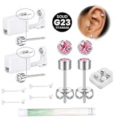 WillTen 2Pcs Ear Piercing Kit Titanium Implant Grade G23 Studs, Disposable Ear Piercing Gun Silver Titanium White CZ Studs for Professional or Self Home Use, Earlobe Pierce Kit Tool for Women Men
