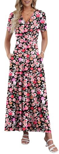 AUSELILY Vestido Largo Verano Mujer Elegante Cuello en V Manga Corta Maxi | Vestido largo de verano para mujer con cuello en V y cintura alta. Diseño elegante con bolsillos, fluido y cómodo