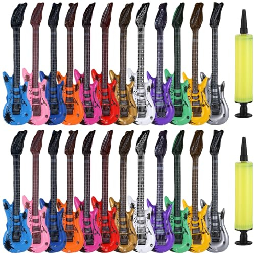 Juego de 24 guitarras inflables de rock, 12 colores vibrantes, guitarras temáticas de los años 80 y 90, incluye 2 bombas de aire, para cumpleaños, carnavales, accesorios de cabina de fotos