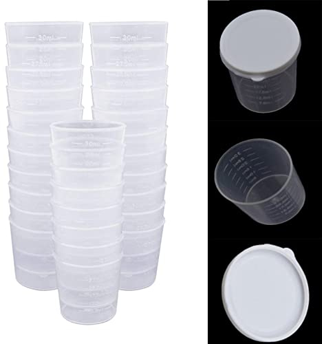 100 vasos graduados de plástico transparente de 30 ml con tapa, vasos de escala transparentes para medición de medicamentos, mezcla de resina, enjuague bucal, etc.