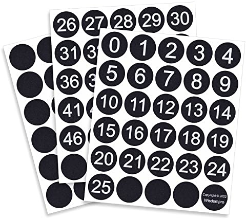 Wisdompro Numeri Adesivi 6 Fogli, Diametro 38 mm Vinile Numeri Adesivo 0 a 50 Numeri Consecutivi Impermeabile Autoadesivo, Adesivi Impermeabili Autoadesivi per Ordinamento e Smistamento - Nero