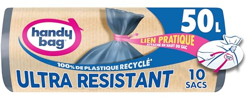 Handy bag - Rotoli da 10 sacchetti della spazzatura, 50 litri, ultra resistente, 80% plastica riciclata, chiusura a cravatta pratica, triplo spessore, anti-fuga, 68 x 80 cm