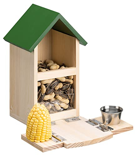 Navaris Mangiatoia Scoiattoli Esterno - Casetta da Appendere Mangime Scoiattolo - Porta Pannocchie Ciotola Acqua - Rifugio Giardino Tetto Legno Verde