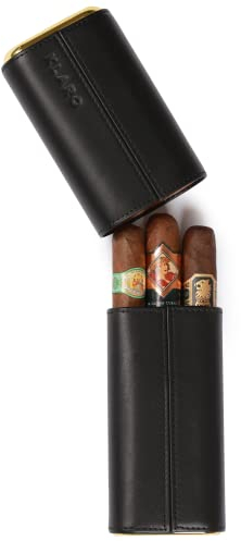 CASE ELEGANCE Étui de Voyage de Protection pour 3 cigares de qualité supérieure, véritable Cuir Noir de qualité supérieure, doublé de cèdre avec Embouts en métal doré, Emballage prêt à Offrir