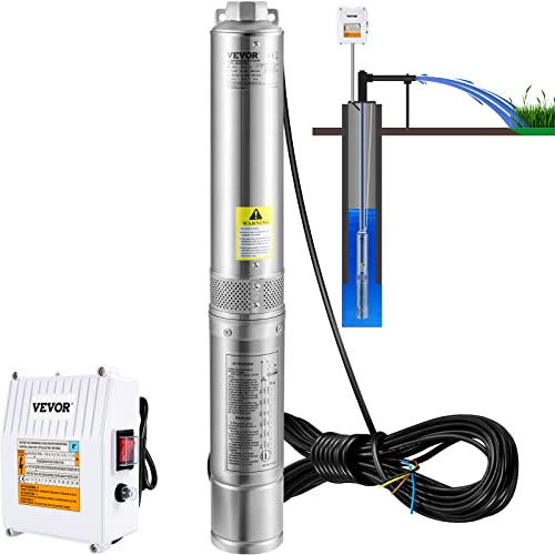 VEVOR Pompa sommergibile a pozzo profondo, 3HP 230V/60Hz, 37GPM testa da 600 piedi, con cavo da 33 piedi e scatola di controllo esterna, pompe dell'acqua in acciaio inox da 4 pollici per uso