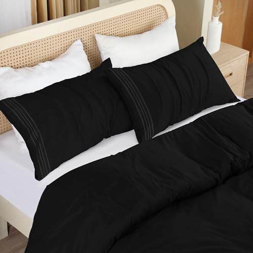 Utopia Bedding Housse de Couette 200x200 cm avec 2 Taies d'oreiller Brodée 50x75 cm (Noir) - Parure de Lit 200x200 cm - Ensembles de Housses de Couette en Microfibre brossée