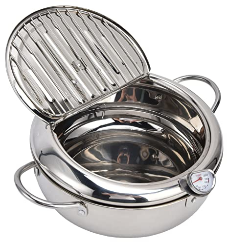 Friteuse avec Technologie Zone Froide à Huile, marmite Japonaise en INOX avec thermomètre et égouttoir à Huile, Petite friteuse pour Frites, Poissons et viandes croustillantes (Couleur Acier