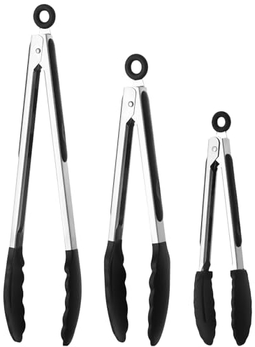 Set di 3 Pinze da Cucina in Silicone - Pinza Cucina Silicone, Resistenti al Calore, Appendibili - 3 Misure Diverse di Pinze Cucina Professionali, Heat Resistant Cooking Tongs, Barbecue Tongs (Nero)