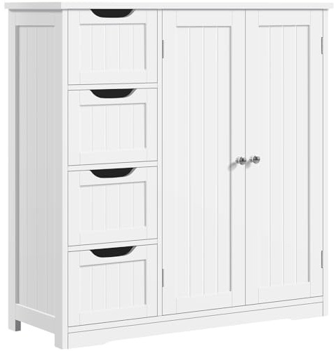 Yaheetech Meuble Salle de Bain Rangement, Armoire Toilette, avec 4 Tiroirs et 1 Large Placard, 1 Etagère Intérieure, 81 × 30 × 83 cm, Grande Commode Chambre Cuisine Blanc