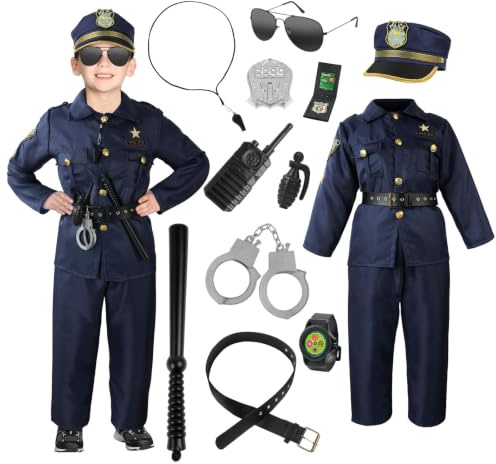 Aomig poliskostym barn 13 stycken poliskostym set med polishatt bälte handbojor polistillbehör deluxe poliskostym för pojkar kostym barn utklädnad för halloween festival cosplay (S~L)