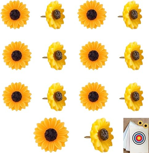 14 stycken blommor, häftstift med 1 cm stålspets, häftstift i solrosmönster, blommor anslagsnålar för foton, affischer, korkplattor, hantverk