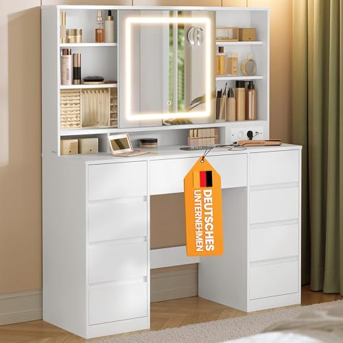 VASAGLE Kailyn Collection - Coiffeuse avec Miroir LED, Multiprise, 9 Tiroirs, Loupe 10x, Rangement Bijoux, Éclairage 3 Couleurs, Installation des Rails sans Outils, Blanc Nuage RDT137W01