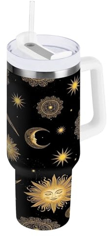 RPLIFE Moon Sun Mandala Nero 1,18 once Tumbler con manico, tazze in acciaio inox con coperchio, bicchiere da tè