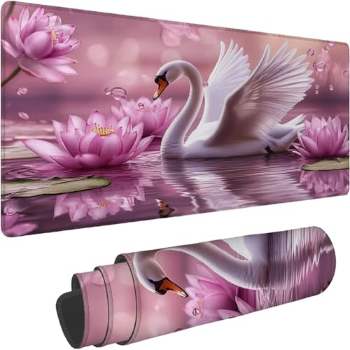 Mouse Mat 1400 x 700 x 3mm Large Mouse Mat Non Slip Rubber Base, Soft Textured Surface with Stitched Edges, Waterproof Desk Mat for PC, Laptop, Laser Mice for Office, Gaming Pink Swan Printing xn-180