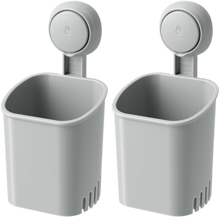 LEVERLOC Toothbrush Holder Wall Mounted 2pcs, Strong Suction Grey Plastic | Tool-free 1s install, 3 kg, hollow drains for drying, removable via credit card, reusable for rentals, for tile/glass/mirror