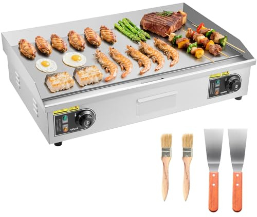 VEVOR Commercial Electric Griddle, 28.54 x 15.75 in, 4400W, 122-570°F Adjustable Temp Control, Stainless Steel Countertop Full Flat Top Grill with 2 Spatulas, 2 Brushes, for Steak, Pancake(NO PLUG)