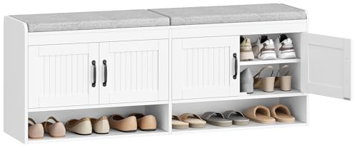 Hzuaneri 55.1 Shoe Storage Bench, 3 Tier Entryway Shoe Bench with Padded Cushion & 4 Doors & Adjustable Shelves, 18-21 Pairs of Bed End Benches, Modern Shoes Rack Benches for Bedroom, White SB41403GY
