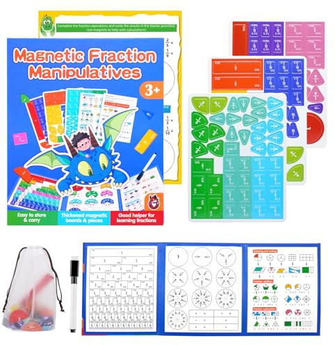 Ourdort Magnetische Lernhilfe Bruchrechnen für Kinder ab 3 Jahre mit Aufstellbarer Whiteboard-Tafel, Fraction Kreisen & Stäben, Übungsheft & Tasche, Mathematik Bruchrechnen Lernhilfe Grundschule