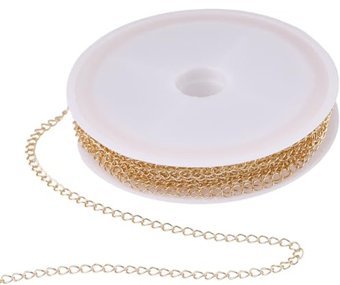 BEAMARKER Rotolo di Catena A Maglie Dorate da 16.4 Piede, in Vero Ottone Placcato Oro 14K, 4 x 3mm, A Forma di O, Saldato, con Rocchetto in Plastica per La Creazione di Gioielli, Collane, Bracciali,