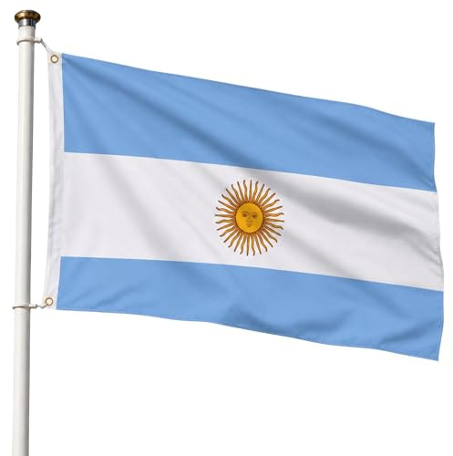 Bandera Argentina 90x150cm, Bandera Albiceleste con 2 Ojales de Latón, Argentine flag, Bandera Copa del Mundo, Bandera de País para exterior, Material Poliéster, Resistente al viento y lluvia
