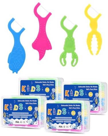Akunsz Lot de 128 fils dentaires pour enfants avec 4 poignées colorées en forme d'animaux marins, fil dentaire pour espaces interdentaires étroits, bâtons de fil dentaire Flossers Kids – Sans fluor