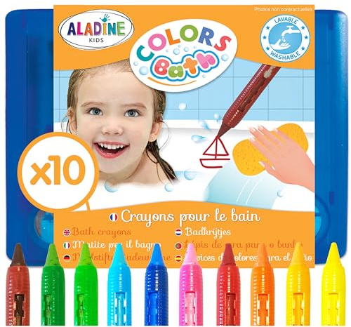 Aladine - 10 Crayons de Bain - Colors Bath - Feutres de Bain Effaçables - Pour Dessiner & Écrire - Avec Mallette de Rangement - Faciles à Nettoyer - Jeu de Bain Enfant 3 ans - 42032