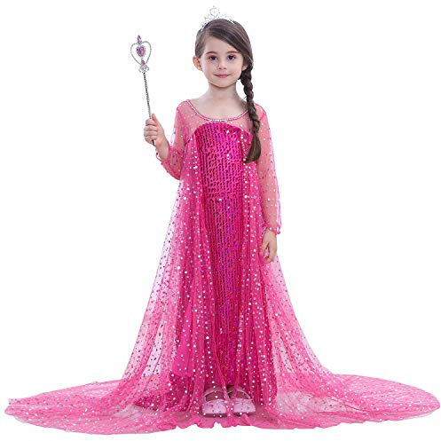 FStory&Winyee Enfant Fille Costume Princesse Elsa Robe avec Cape Enfants Carnaval Cosplay Costume Fête de Noël Déguisement Costume Mariage Ceremonie Communion Manche Longue,Rose,130