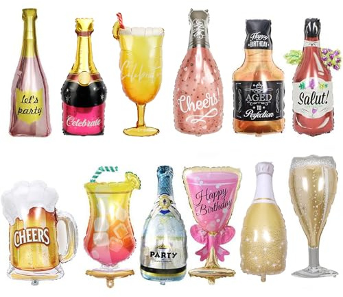 12PCS Aluminum Foil Helium Mylar Balloons, Champagne Bottle Goblet Hydrogen Whiskey Beer Cup Balloons, Multiple Styles Party Decoration Supplies for Birthday Graduation Anniversary Wedding Ceremony