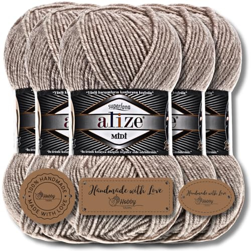 Hobby YARN 3x Etikettenlabel mit Alize Superlana Midi Wolle Premium 5x100g als Set, Yarn, Garn, Strickgarn, Einfarbig, Baby, zum Häkeln, Stricken, Kleidung, Schals (Beige Melange | 152)