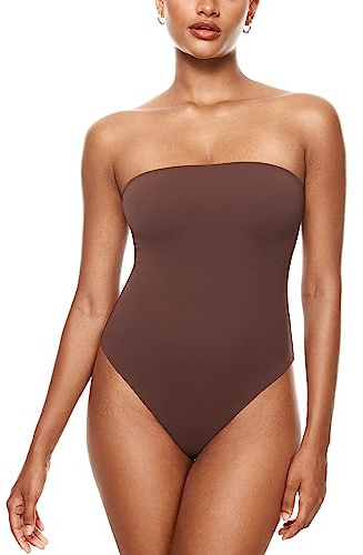INLYRIC Sexig axelbandslös body för kvinnor Thong Tube Top Off The Shoulder One Piece Leotard Taupe 40