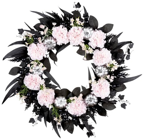 National Tree Company Artificial Pretty Morbid Pink Carnation Halloween Wreath, Black, Silver Pumpkins, 26inch