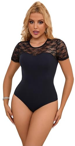 ohmydear Women's Bodysuits Plus Size Lace Patchwork Short Sleeve Leotard Tops Ladies Crew Neck Going Out Thong Body Suits Black XL
