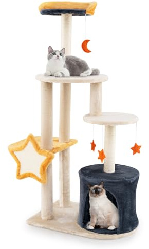 COSTWAY Cat Tree, 128cm Cats Climbing Tower with Sisal Scratching Posts & Board, Cat Condo, Dangling Toys, Multilevel Kitty Activity Center for Indoor Cats