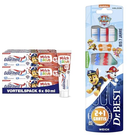 Odol-med3 Milchzahn Zahnpasta, Zahncreme für Kinder von 0 bis 6 Jahren, 6x 50ml + Dr.BEST Paw Patrol Zahnbürste, Weich (1 Stück), weiche Borsten und kindgerechter Griff